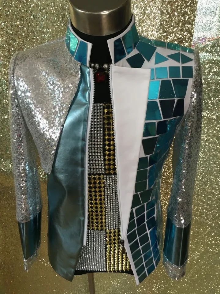 Rhinestone  Birthday Celebrate  Sequins Mirror  Suit Jacket Nightclub Bar Men Singer Performance Suit Party Stage Outfit Costume