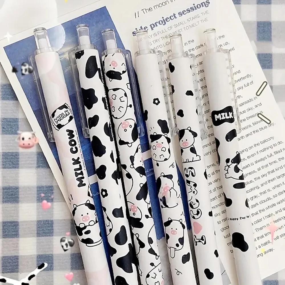 6pcs Cartoon Milk Cow Retractable Gel Pens Set 0.5mm Black Ink Bullet Nib Smooth Writing Experience For School Office