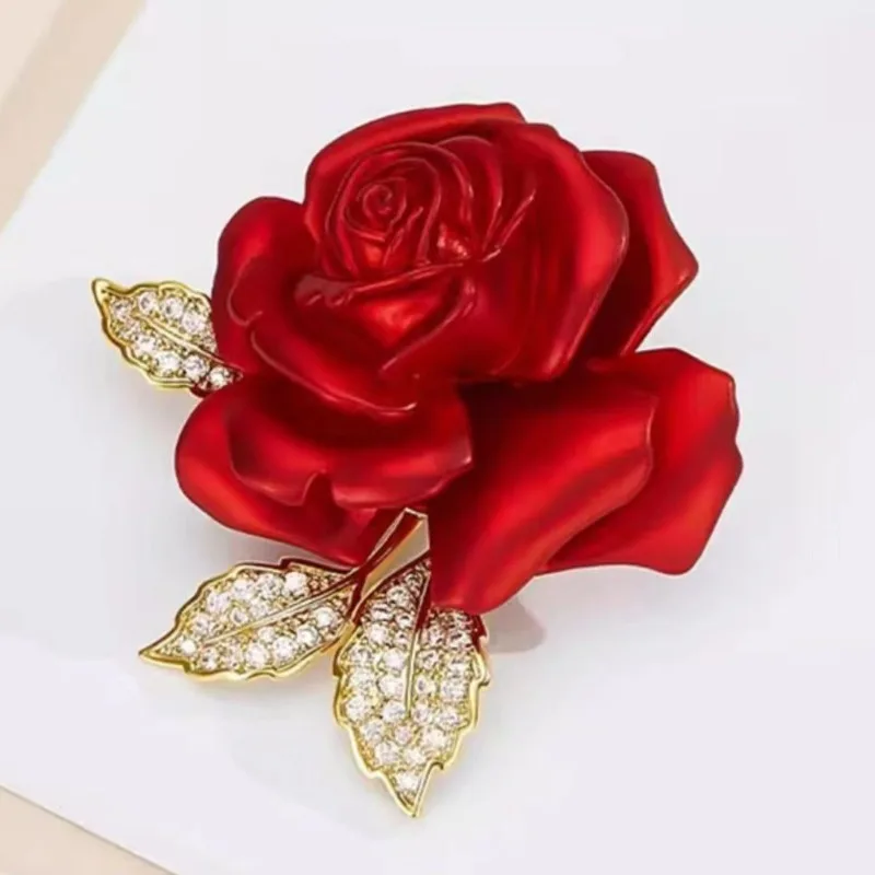 Luxury Rhinestone Red Rose Flower Brooches for Women Unisex Elegant Enamel Rose Plants Brooch Pins Party Office Jewelry Gifts