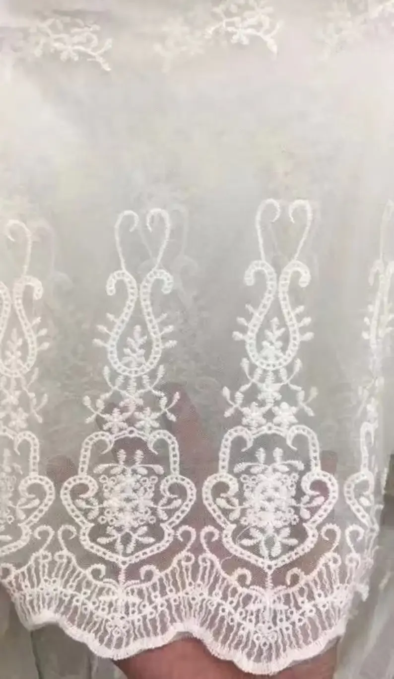 1 Yard Cotton flower embroidery Lace fabric both edges soft ivory tulle fabric For Girl Dress Tutu Dress Wedding  Bridal Veil