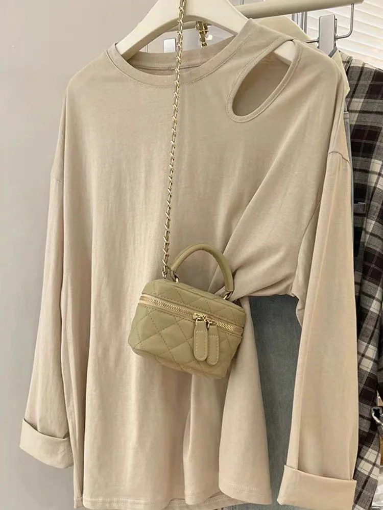 taglie forti 300 Pou Coreano Sle Color oulder Bared Long Sve T-shirt da donna vestibilità ampia Abbigliamento interno Top per Early A...