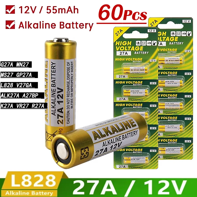 60pcs 27A 12V A27 Alkaline Battery for Car Alarm Remote Control Doorbell Walkman Dry Cell G27A MN27 MS27 GP27A L828 V27GA R27A