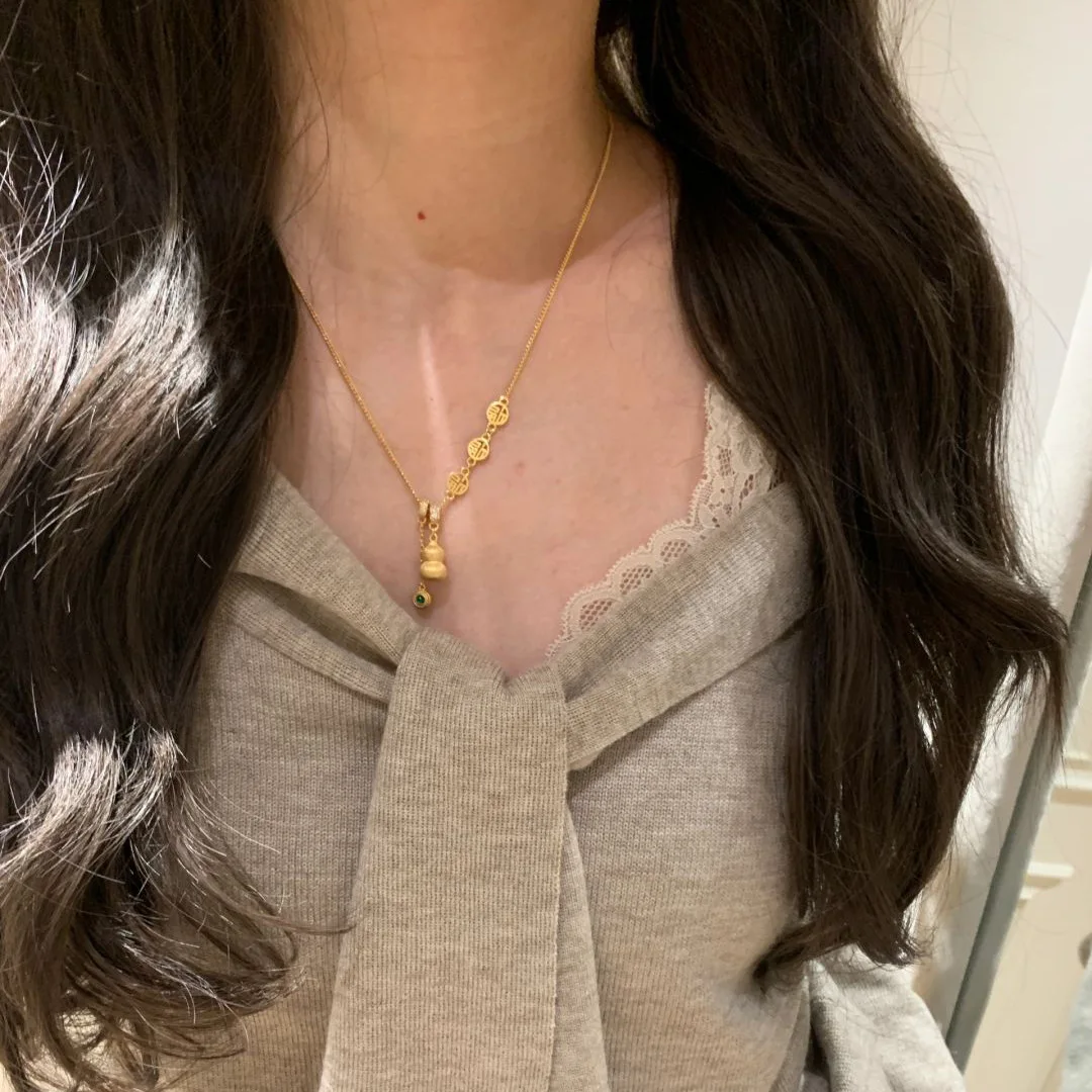 New Chinese Style 18k Gold Plated Brushed Gourd Necklace For Women Fu Symbol Pendant Green Round Cz Tassel Charm Sweater Chain