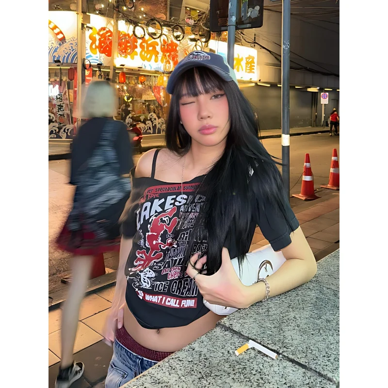 Европейский и американский стиль2025Популярная летняя женская одежда Новая уличная мода Горячая девушка с открытыми плечами и принтом A