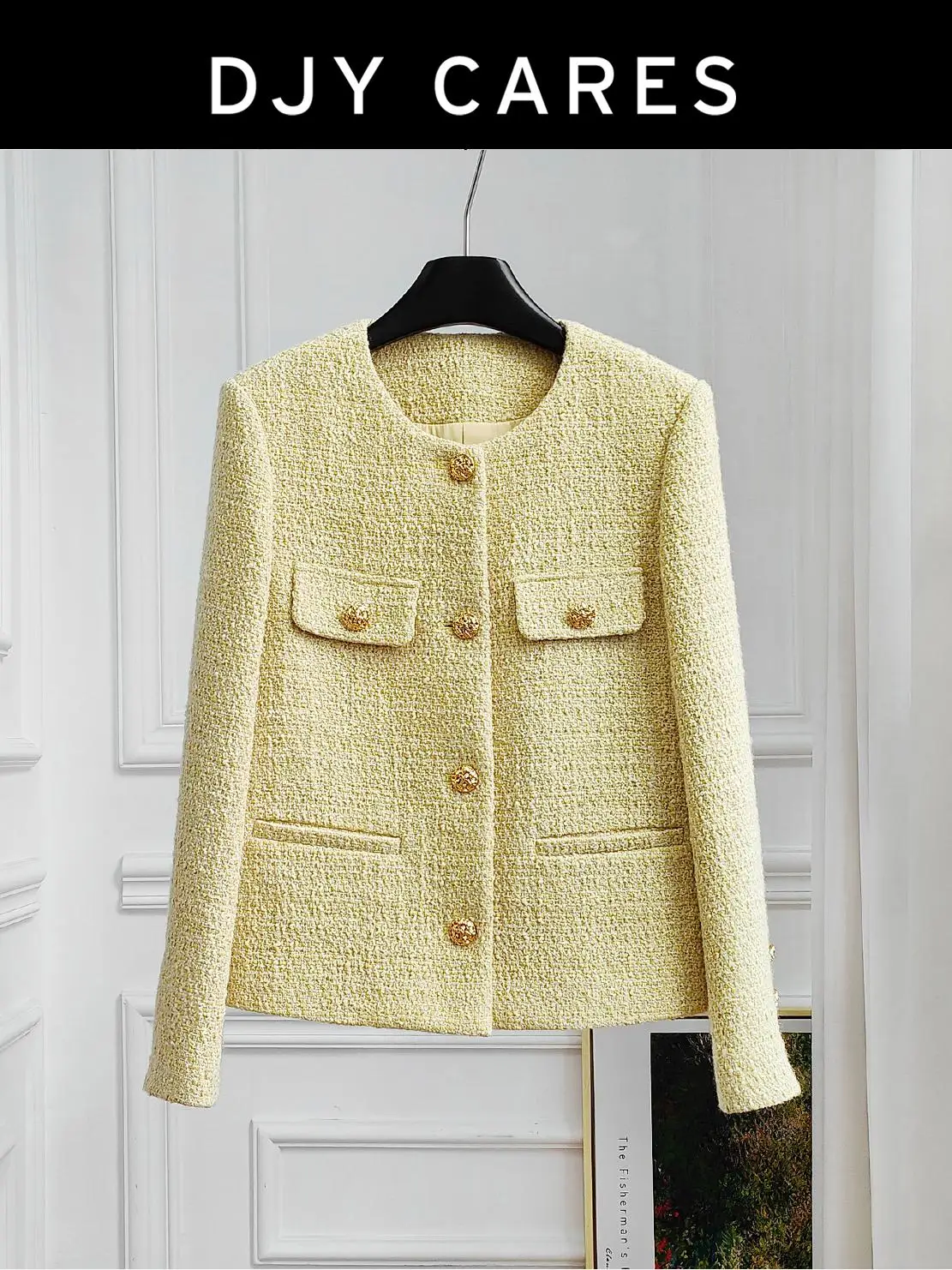

New Rough tweed simple yellow round neck jacket top big size