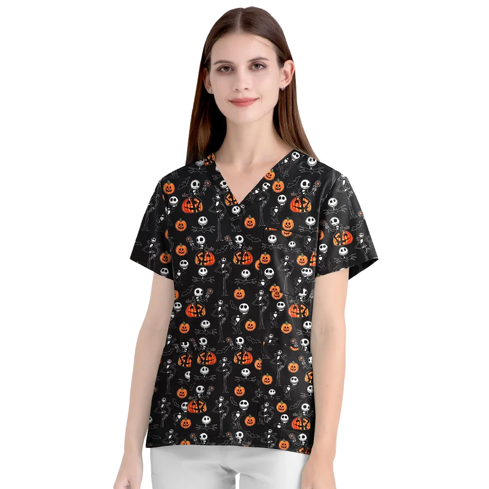 

Elastic Teeth Dental Christmas Cartoon Pattern Short Sleeve Women's V-Neck Printed Top Source Factory Nurse Uniform