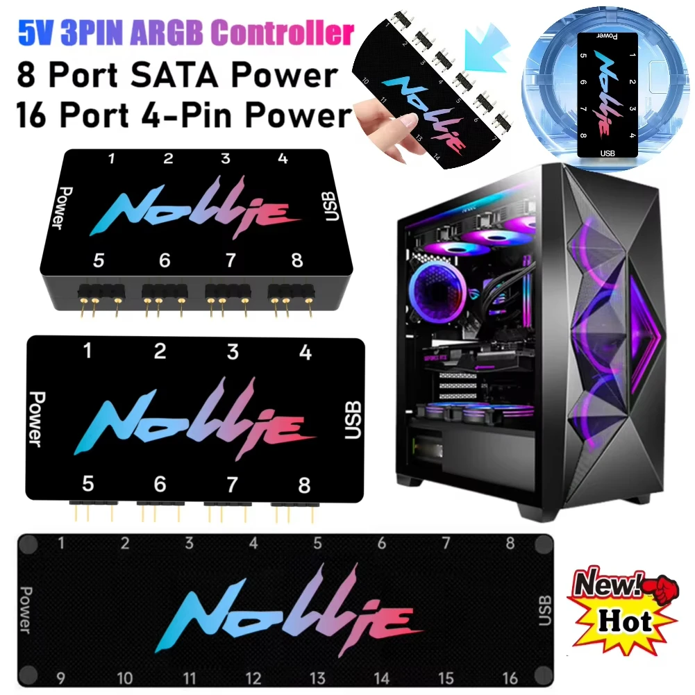 5V 3Pin Addressable ARGB Splitter Support SignalRGB OpenRGB ARGB Fan HUB Controller SATA Power 8/16 Way for PC Chassis Case