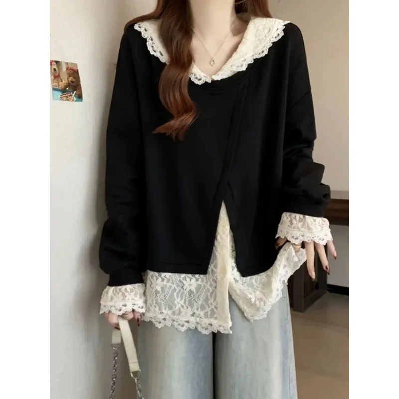 

Модный искусственный двухсекционный кружевной свитшот с плечами для женщин, осенний новый свободный повседневный топ, пуловер, куртка
