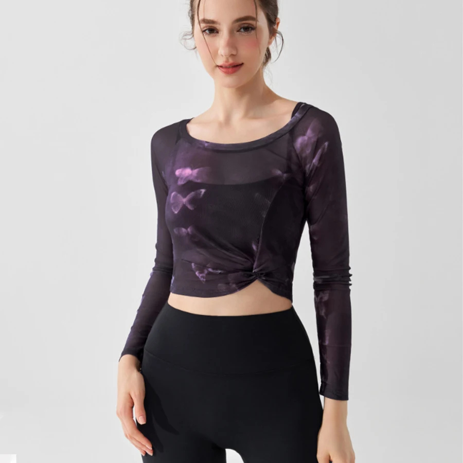 Women Yoga Long Sleeve Top With Bra Butterfly Printed Mesh Modern Dancing Top Breathable Soft Pilates Latin Dance Running Shirts