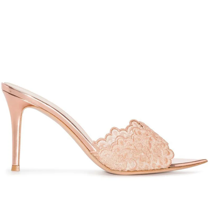 

Summer New Champagne Gold Lace Embroidered Fashion Sandals and Slippers Slim High Heels Banquet Dress Large Size Women's Sandals