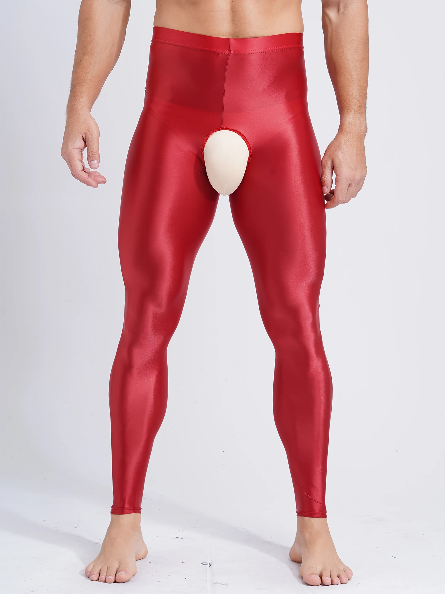 Mallas ajustadas de Color liso para hombre, mallas brillantes de cintura alta con entrepierna abierta, lencería Sexy, pantalones de noche, pantalones de fiesta porno para Club