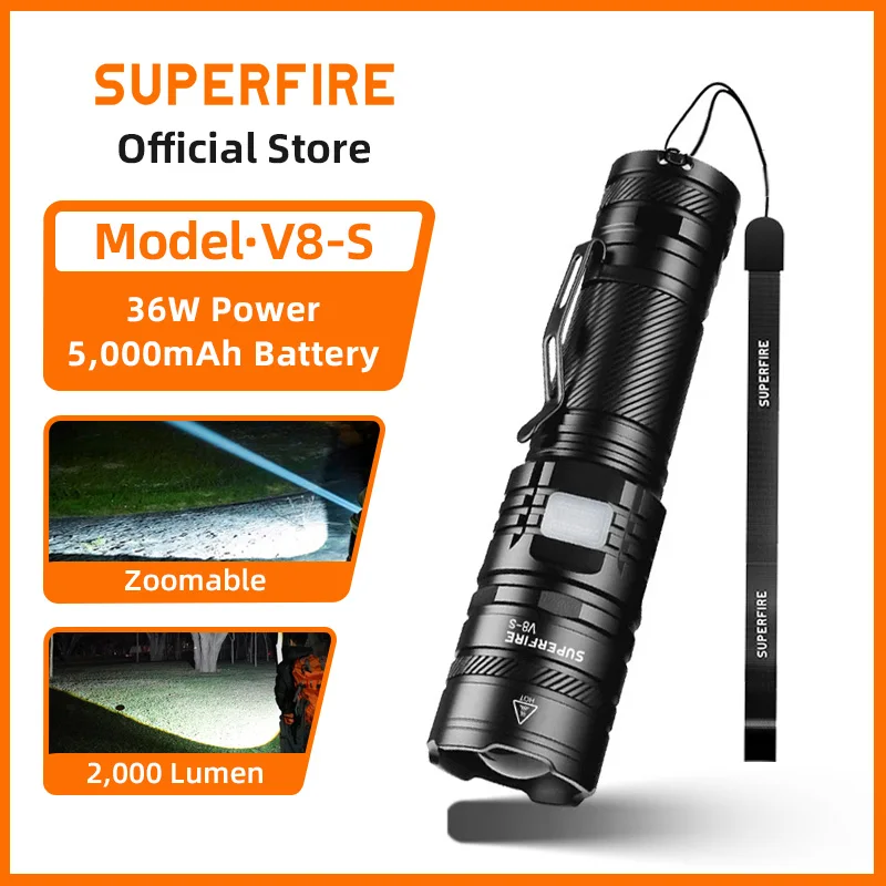 

SUPERFIRE V8-S 36W High Power Flashlight Waterproof LED Super Bright Focus Torch With Indicator USB-C Camping Hunting Lights
