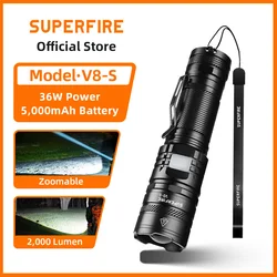 SUPERFIRE V8-S 36W High Power Flashlight Waterproof LED Super Bright Focus Torch With Indicator USB-C Camping Hunting Lights