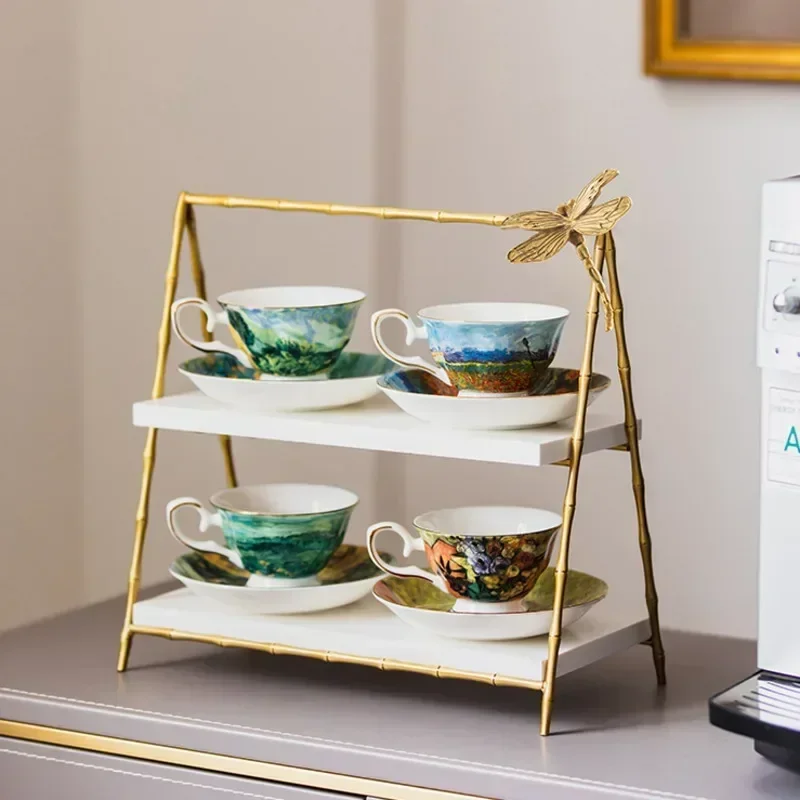 

High-grade Brass Marble Storage Stand Kitchen Living Room Double Tiers Cup Holder Afternoon Tea Snack Tray Decorative Rack