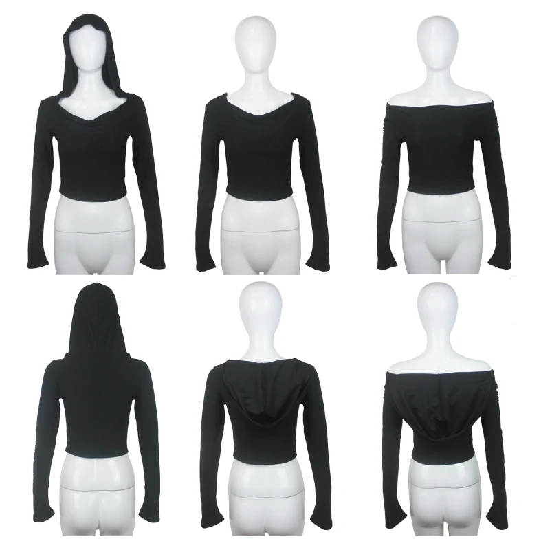 Flare Langarm-Crop-Top mit Kapuze für Damen, Herbst 2025, einfarbig, elastisch, lässig, T-Shirt, Pullover, Florkragen, Y2k-T-Shirt 2526 – Detail 9