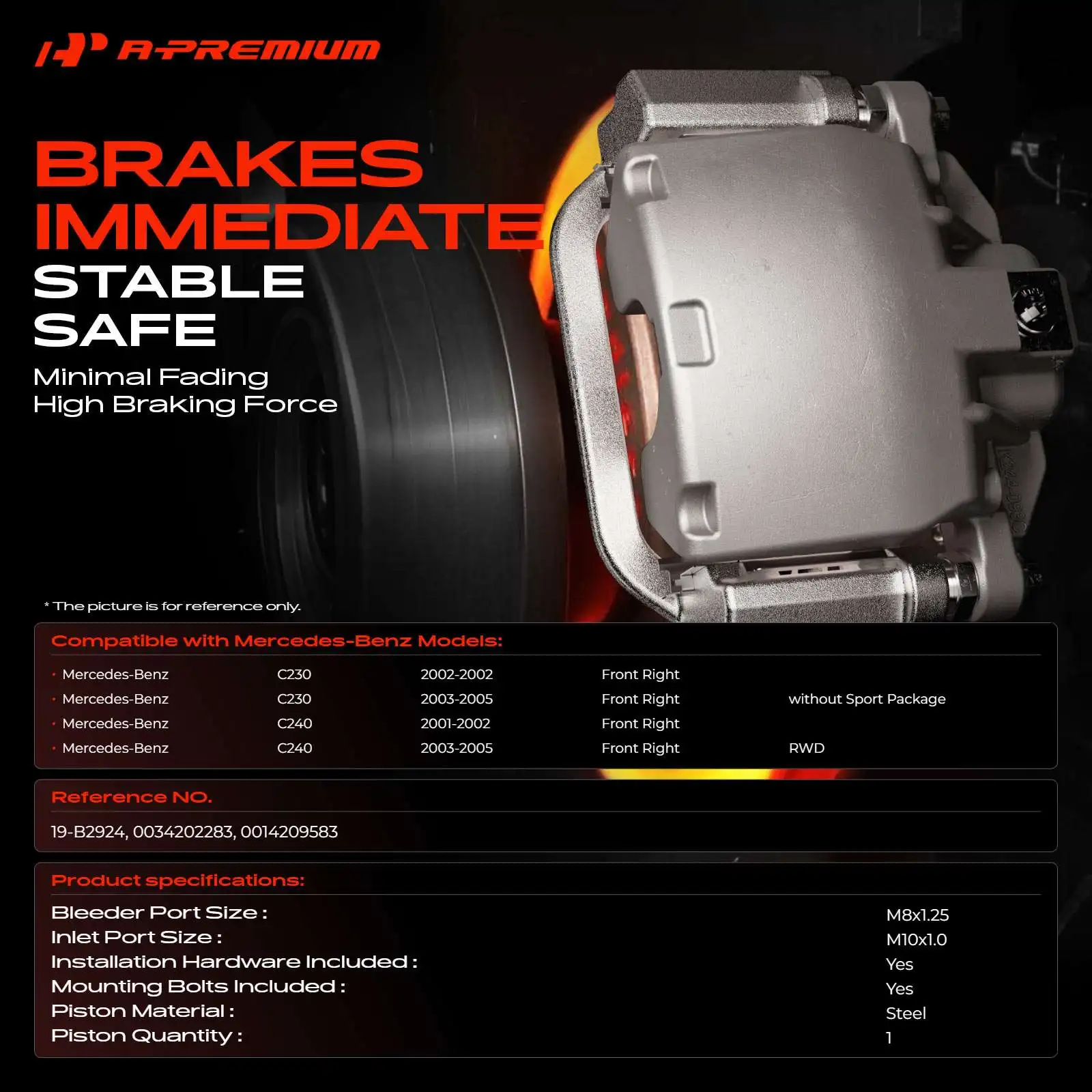 A-Premium Front Right Disc Brake Caliper with Bracket for Mercedes-Benz C230 2002-2005 C240 2001-2005