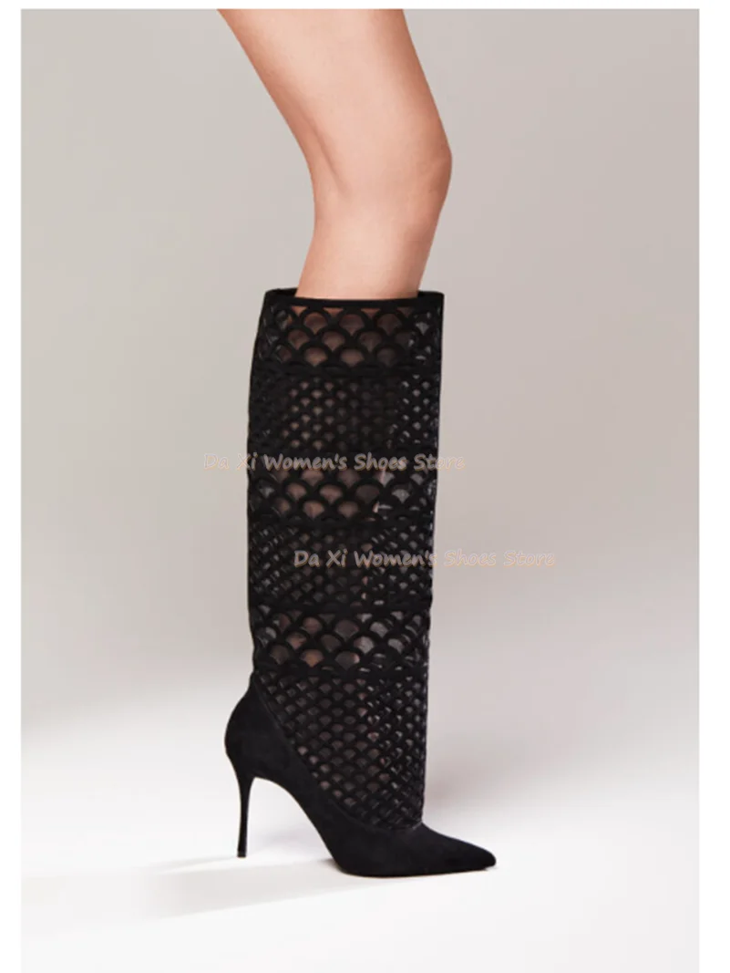 Women Hollow Out Scale Pattern Knee High Boots Pointed Toe Stiletto High Heels Cutout Mesh Long Boots Summer Party Dress Boots