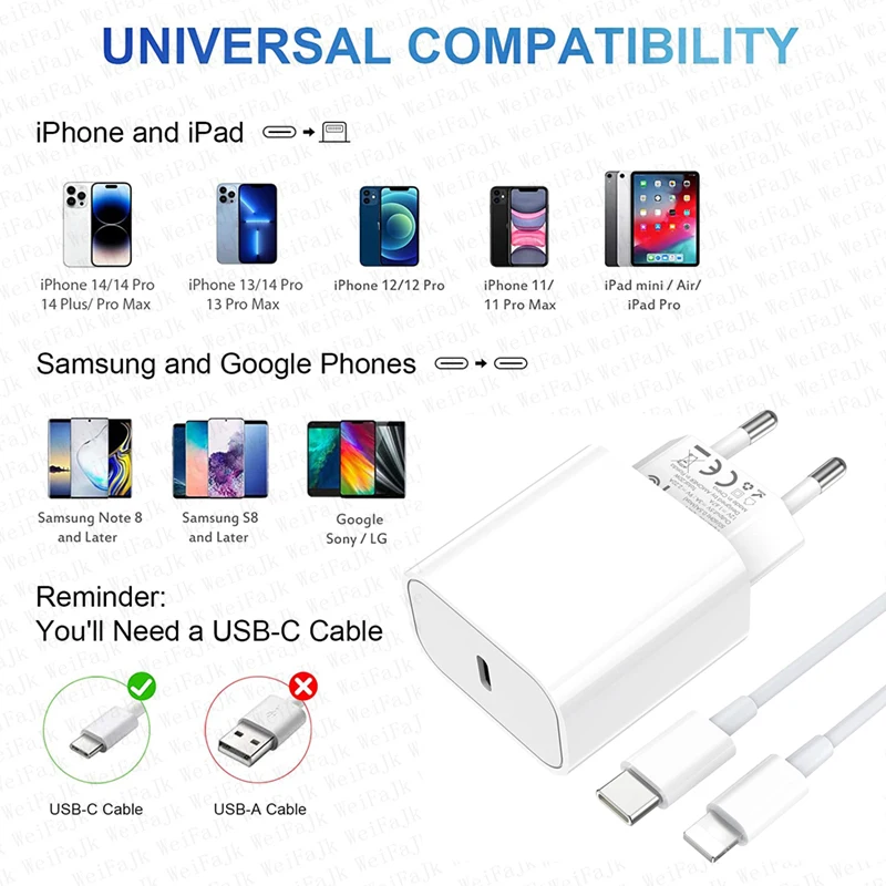 For Apple Original 20W Type C Quick Charger For iPhone 14 13 12 11 Pro Max Mini X XS XR 7 8 Plus Fast Charging Lightnings Cable