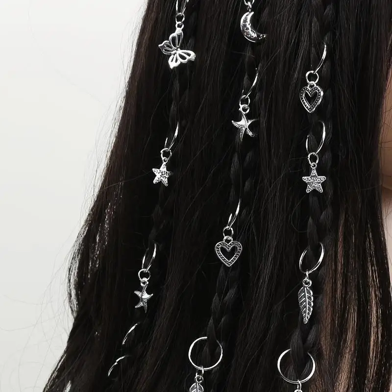 22 Pieces Silver Hair Braid Charms With Assorted Moon Butterfly Heart Star Feather Pendants Perfect