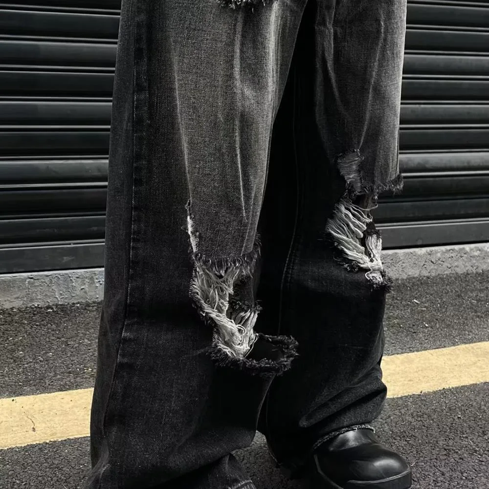 夏のメンズソリッドカラーバギージーンズリッピングアメリカンレトロファッショントレンドヒップホップハイストリートルーズカジュアルシンプルメンズボトムス