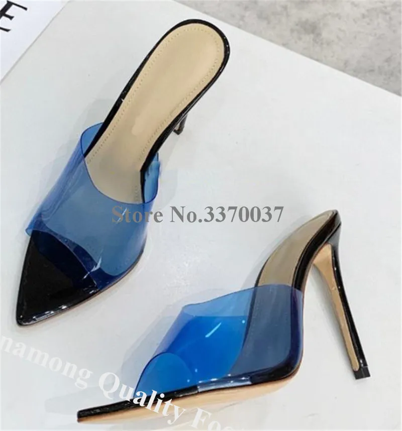 Pvc Patchwork Slippers Linamong Wees Open Teen Transparant Mixed-Kleuren Stiletto Hak Sandalen Roze Rood Sexy Hoge Hakken