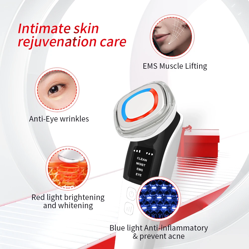 EMS Facial Beauty Device with Ion Import Red Blue Light Vibration Compress  AntiAging Lifting Massager Skin Wrinkle Removing