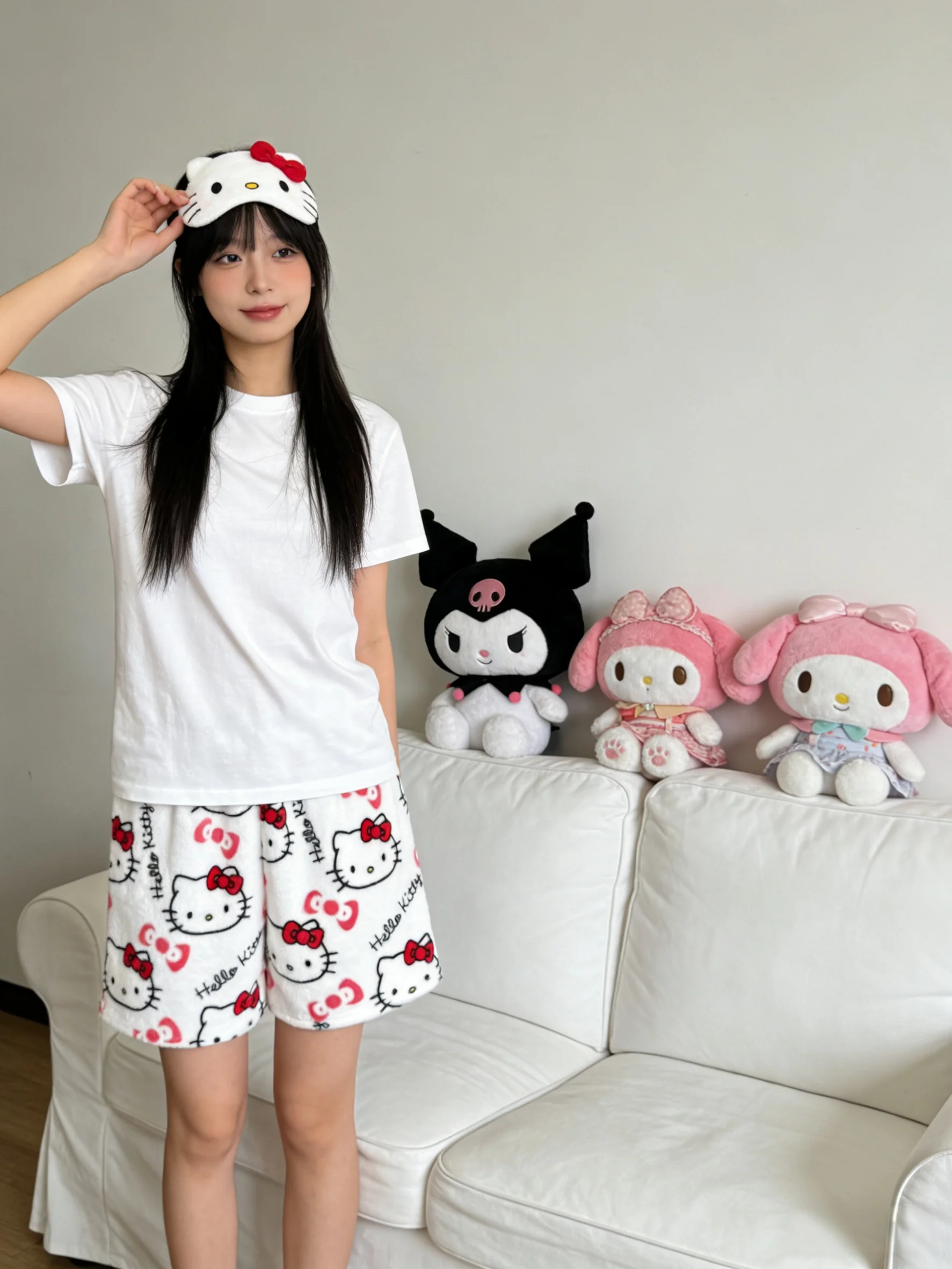 Hello Kitty Flannel Sleep Pants, White Shorts for Couple Pants, Y2K Cartoon Anime Style, Festival Gifts, Party Outfits