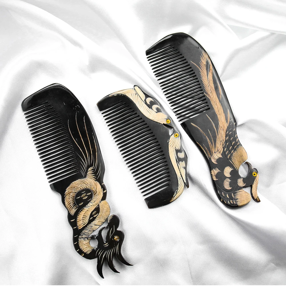 Real Cow Horn Dragon Phoenix Peacock Comb Hair Brush Health Handmake Scalp Massage Anti-static Detangle Woman Mother Craft Gift