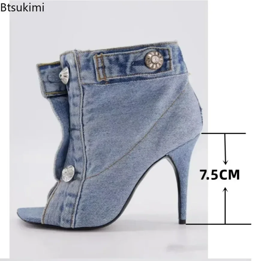 2024Women's Summer Sexy Thin Heels Sandals Super High Heels Peep Toe Sandals Female Denim Button Design Summer Ankle Boots 34-45