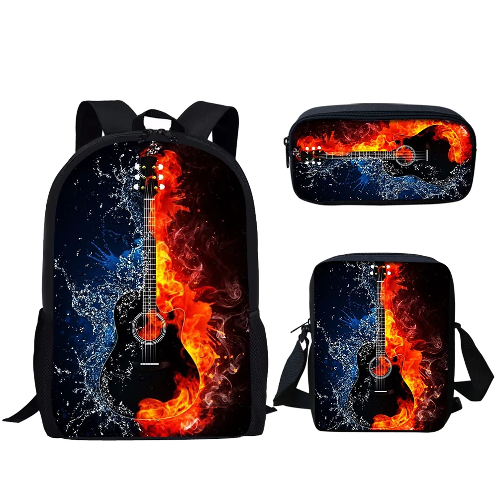 Mochilas escolares con estampado de guitarra de fuego para adolescentes, niños y niñas, mochila informal para estudiantes primarios, mochilas de gran capacidad, 3 juegos