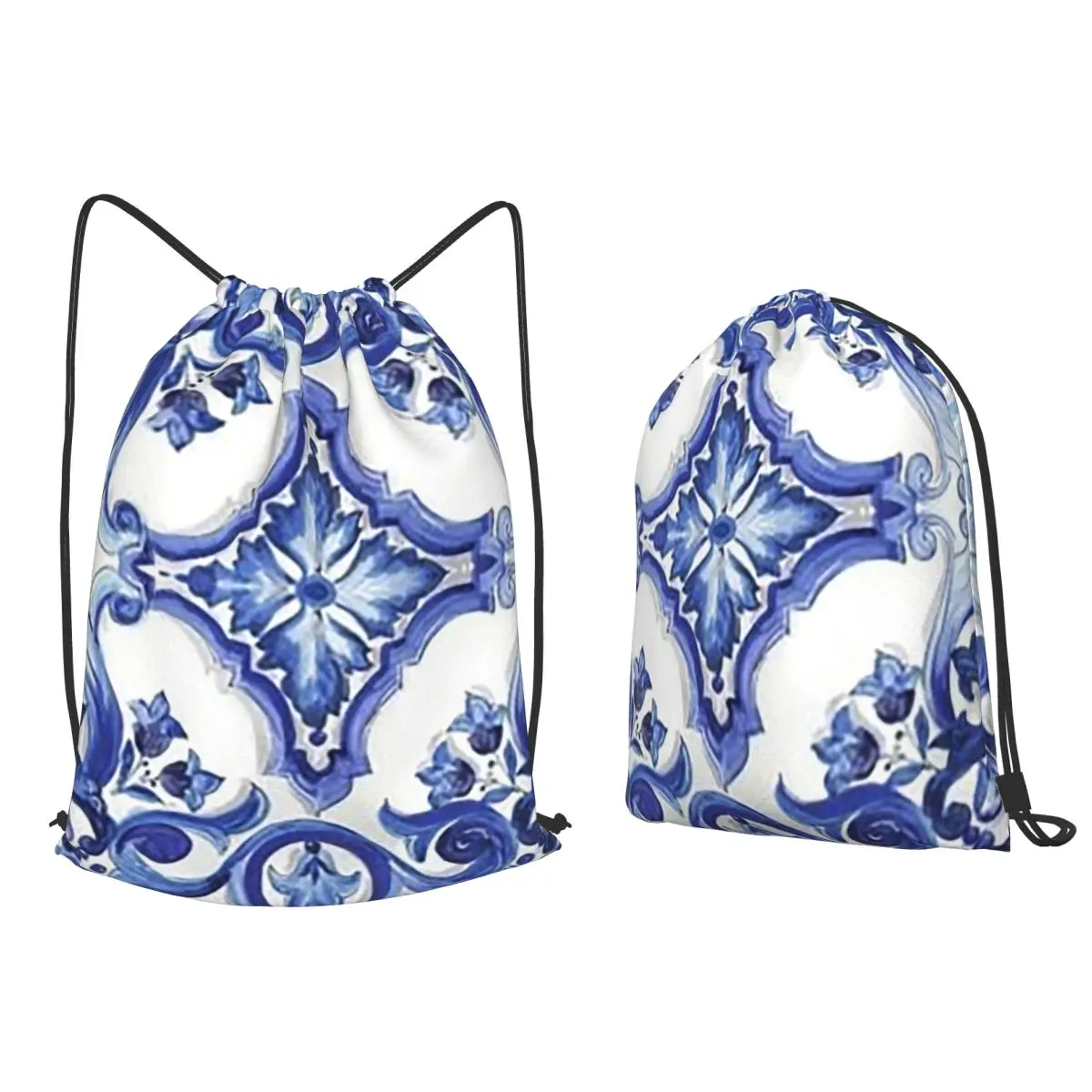 Blue Ornate Floral Mediterranean Sicilian Tile Backpacks Casual Drawstring Bundle Book Bags for Man Woman School