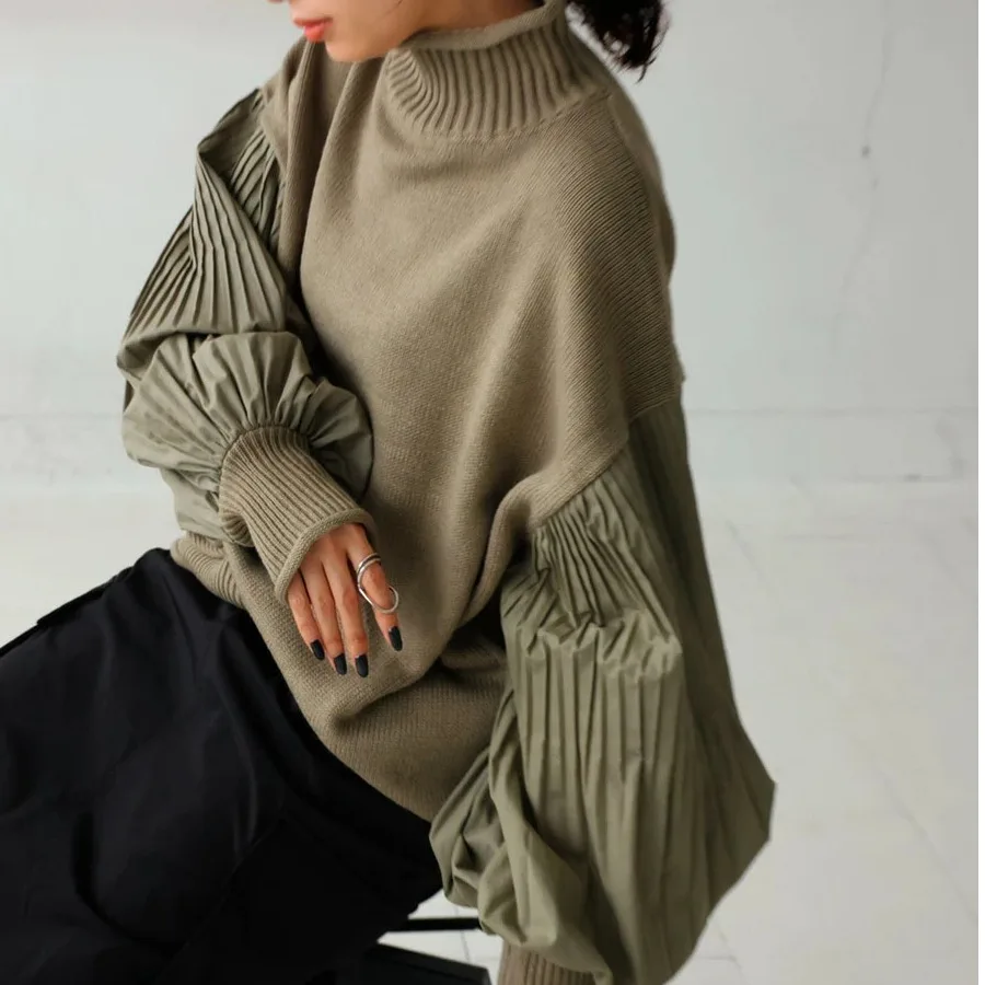 Casual malha gola alta retalhos plissado Sve solto lazer camisola de malha feminina Faion outono primavera temporada longa S...