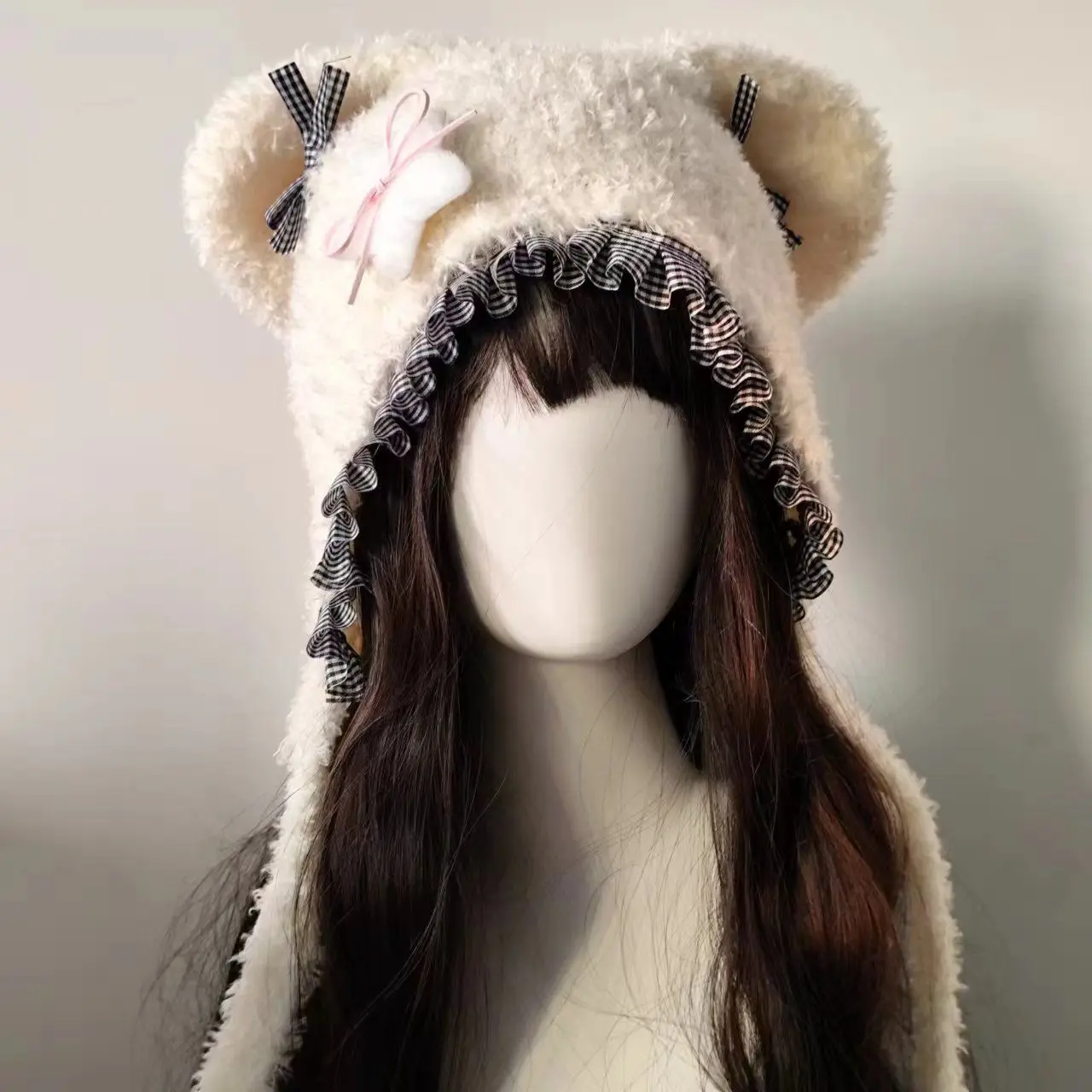 Japanese Kawaii Knitted Hat Women Cat Ear Bow Decoration Caps Y2K Autumn Cute Hat Keep Warm Scarf Harejuku