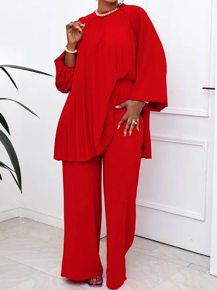 

O-Neck Puff Sleeve Loose Two Pieces Outfit Spring Autumn Loungewear Solid Matching Sets New Women Fashion Wide Leg Pants Suits