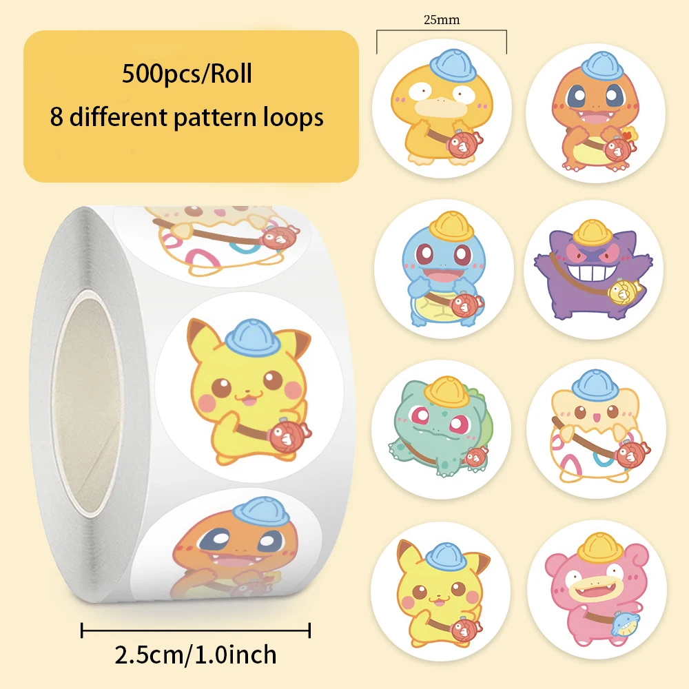 500pcs/Roll Cute Pokémon Roll Stickers PVC Material 8 Different Patterns Circular Scrapbook Waterproof Decorative Daily Stickers