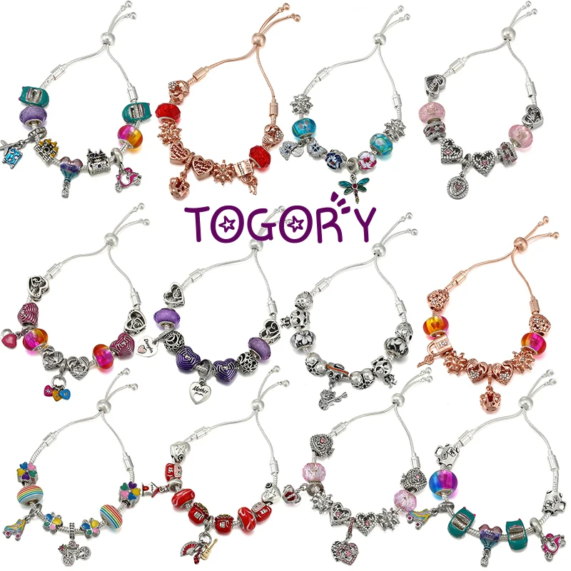 TOGORY 14 Styles Motorcycle Castle Dangles Beads Charm Bracelets Bangles For Women Men Adjustable Bijoux Pulseras Jewelry Gift