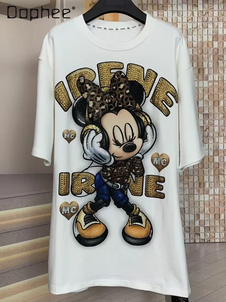 

Leopard Print Tee Autumn Winter Brushed Heavy-duty Diamond Headphone Cartoon Fashion Large Version Loose Short-sleeved T-shirt