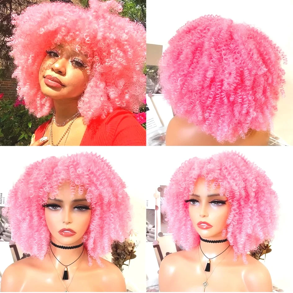 WIGERA Synthetic Afro Pink Curly Wig With Bangs For Black Women Heat Resistant Hair For African American Halloween Party Cosplay
