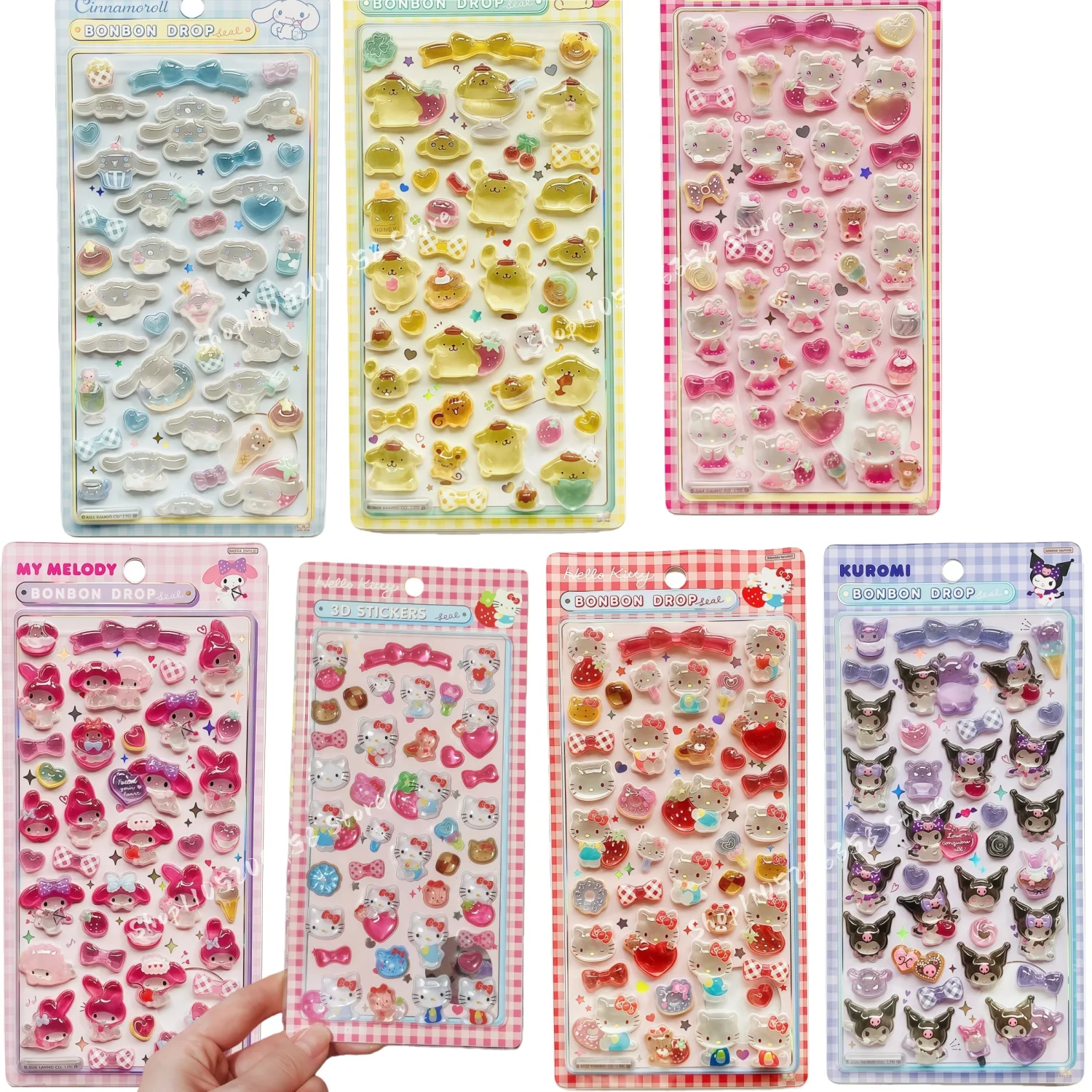 Pegatinas Hello Kitty y sus amigos pegatinas tridimensionales Hello Kitty Kuromi 3d pegatina decorativa de cristal de gelatina transparente