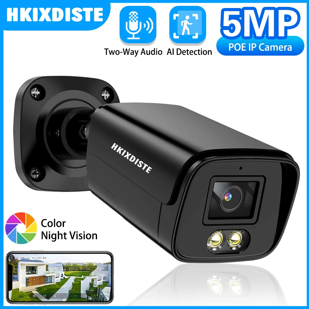 HKIXDISTE 5MP Full Color ColorVu Bullet IP Camera Colorful Security CCTV PoE Build in Mic Two-Way Audio Human Detection CCTV Cam