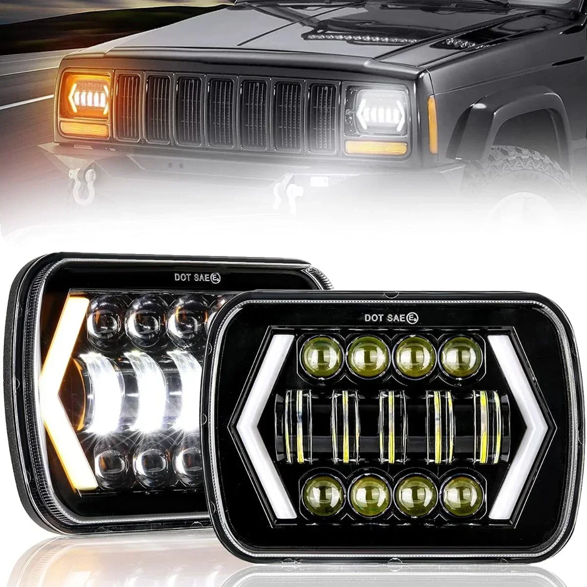 

7X6 INCH LED PROJECTOR HEADLIGHTS WITH HI-LO BEAM & HALO RING DRL Daytime Running Light FOR JEEP, TRUCKS, FORD, GMC, CHEVROLET