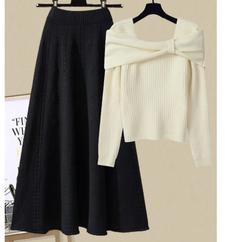 Fall Winter Knitted 2 Pieces Sets Women Outfits Sweet Korea Fashion Elegant Bow Collar Sweater+high Waist Skirt Set Clothing