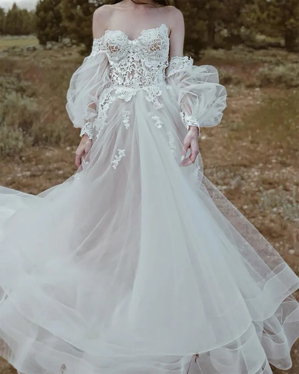 Abiti da sposa eleganti da sposa a trapezio con maniche lunghe in tulle di pizzo con spalle scoperte Abiti da sposa personalizzati