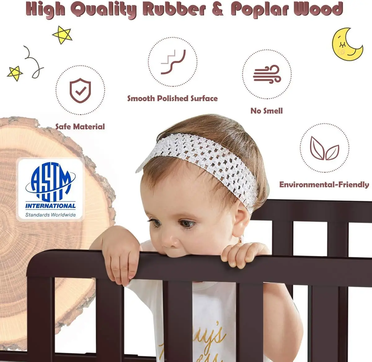 Toddler Bed Frame, Solid Rubber Wood Frame w/Safety Guardrail, Fits Crib Full Size Mattress (Not Included), Children C