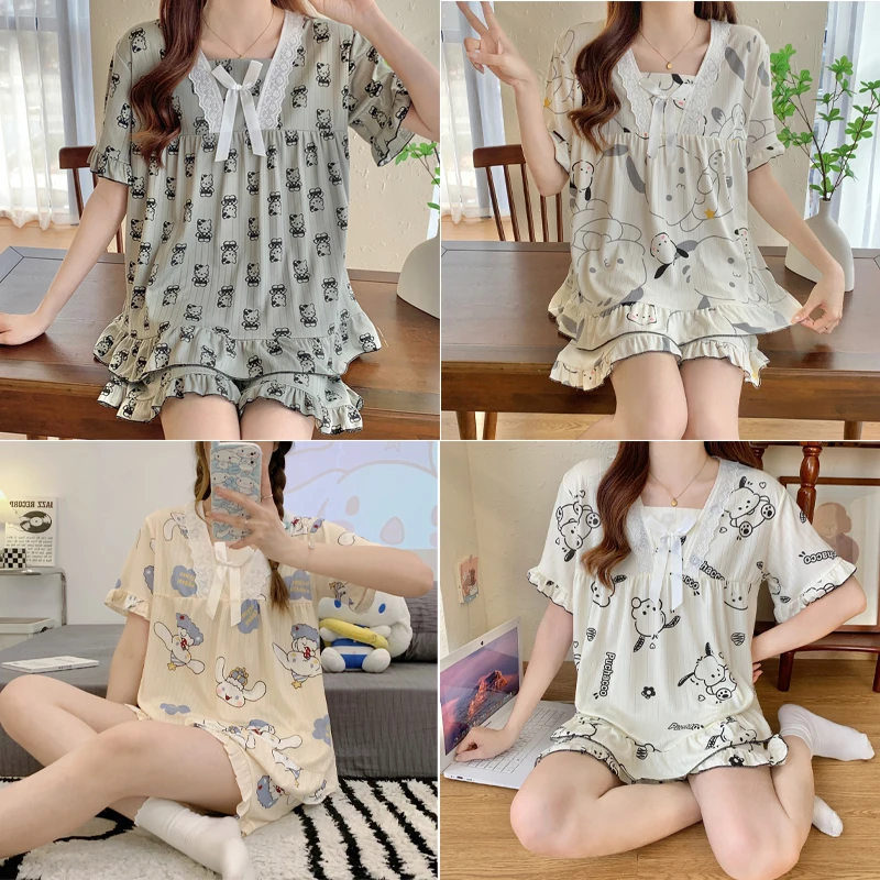 

New Cartoon Pajamas Female Sanrios Hellokittys Cinnamoroll Short Sleeve Simple Summertime Kawaii Cartoon Loungewear Worn Outside