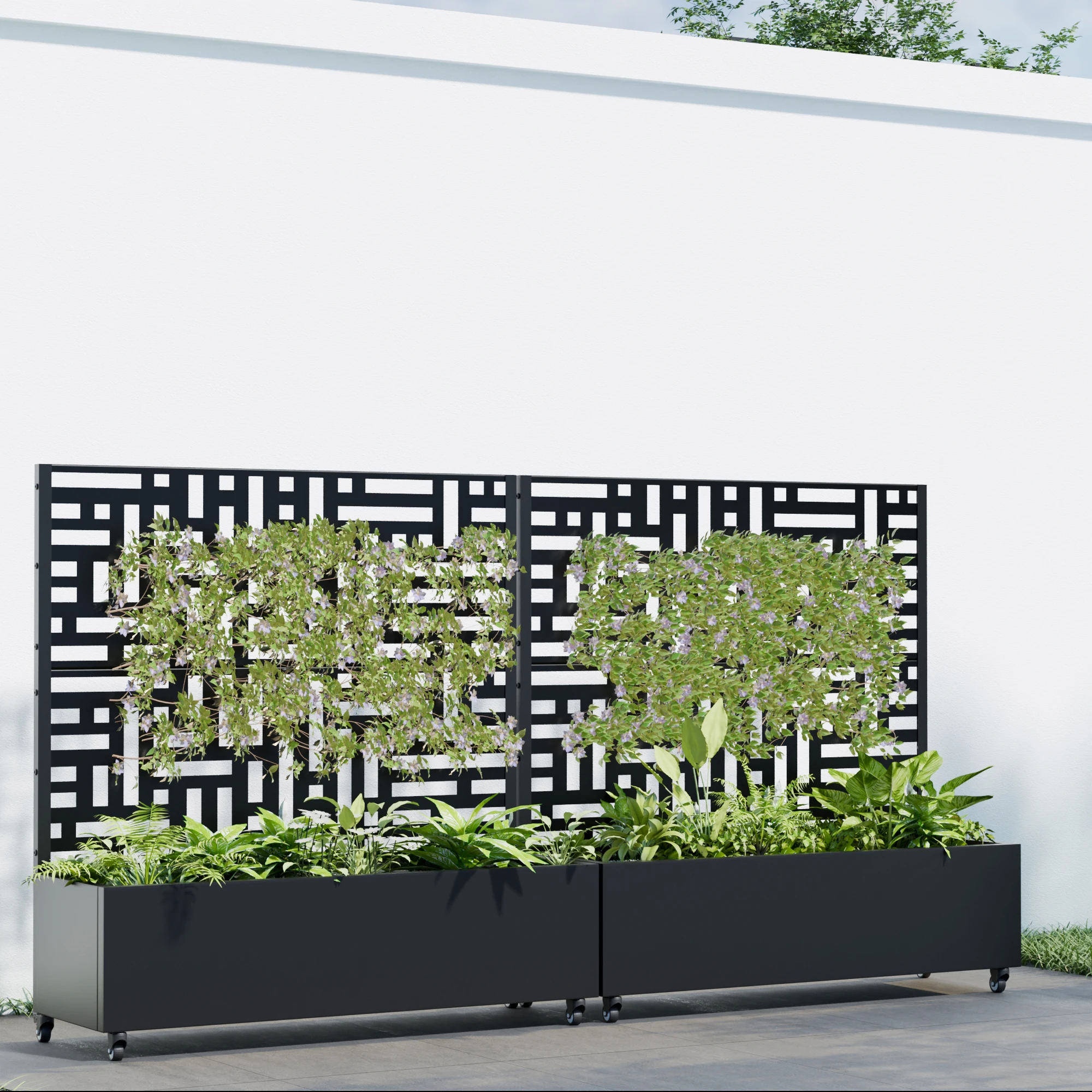 4 ft. H x 4 ft. W Metal Planter Box privacy screen Garden Bed with Trellis and Wheels - Black