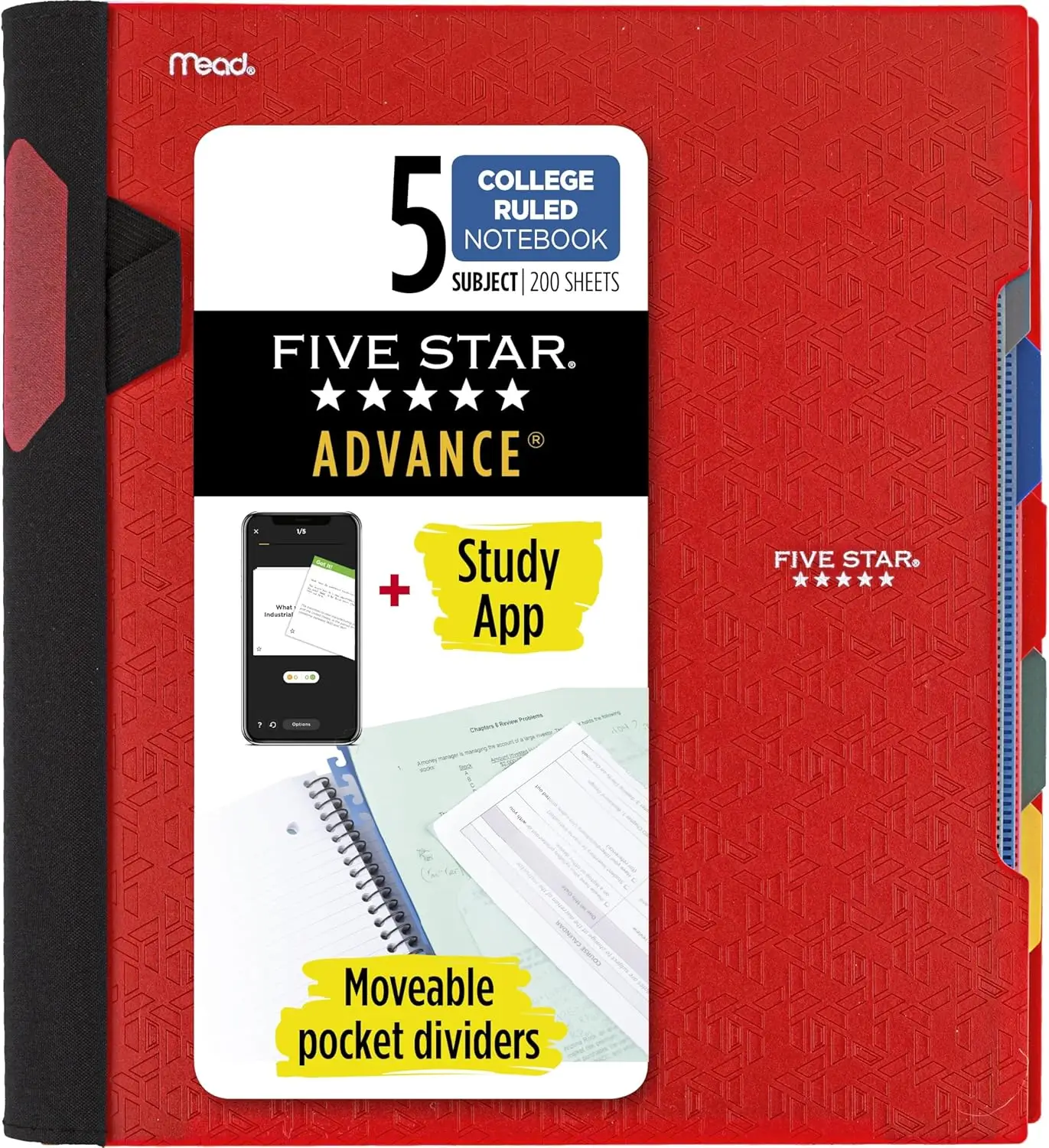 

Усовершенствованный спиральный блокнот с приложением для учебы, 5 разделов, линованный, 200 листов, с подвижными разделителями, огненно-красный