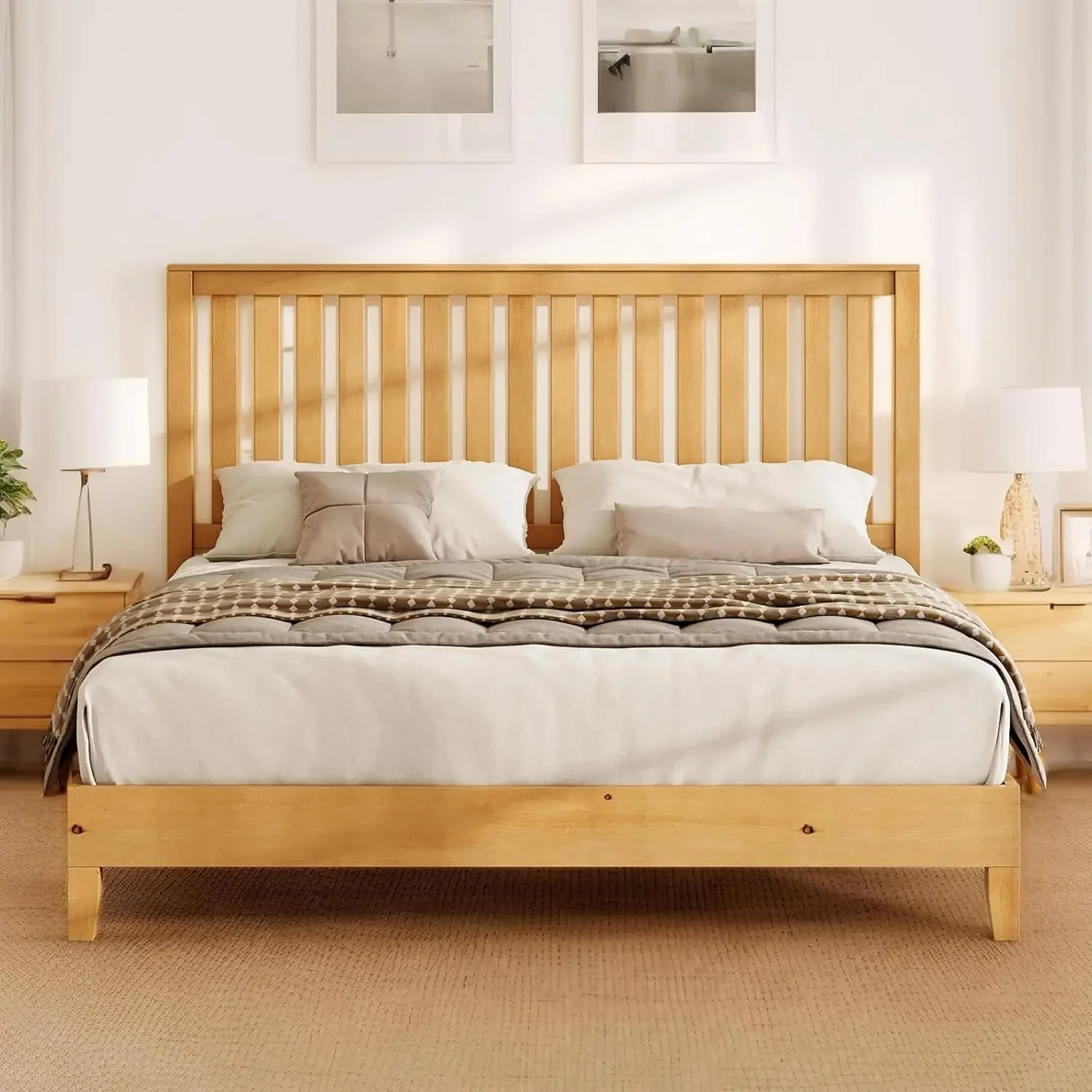 

Full Solid Wood Bed Frame with Grilled Headboard, Mid-Century Modern Platform Bed with Wood Foundation