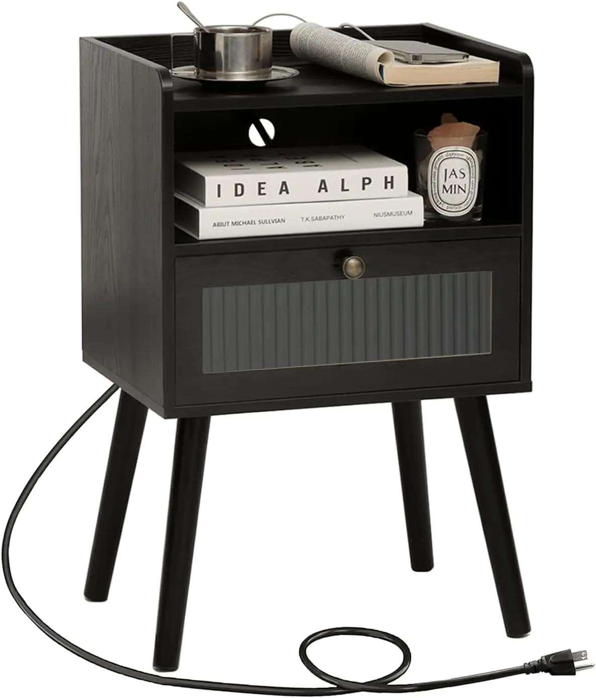 

Black Nightstand with Charging Station, Modern Bedside Table with Glass Decorative Drawer, Small End Table Side Table with