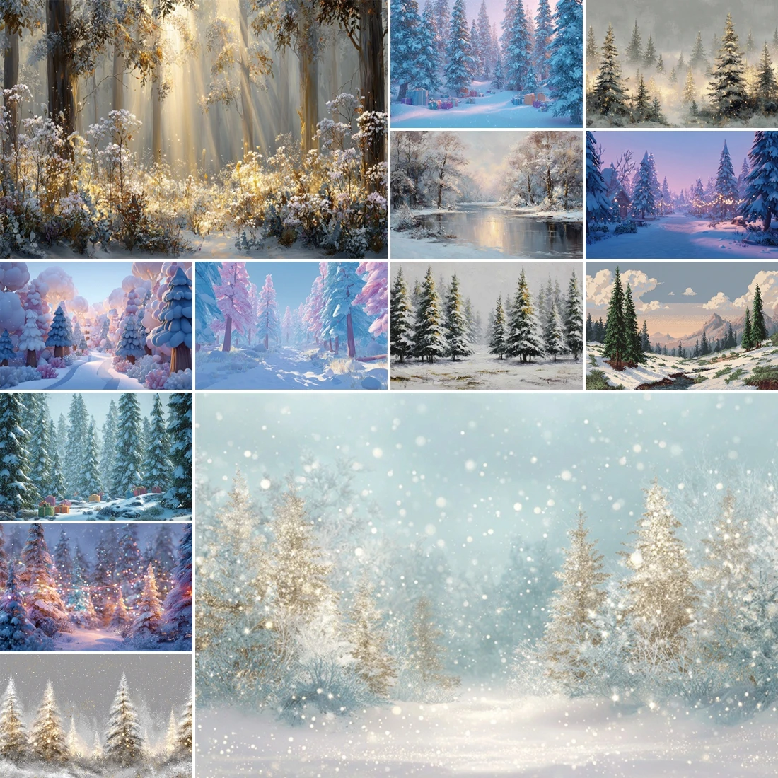 

MOON.QG Xmas Trees Photographic Background Snowy Christmas Pine Forest Backdrop Photobooth Poster Party Decor Family Photozone